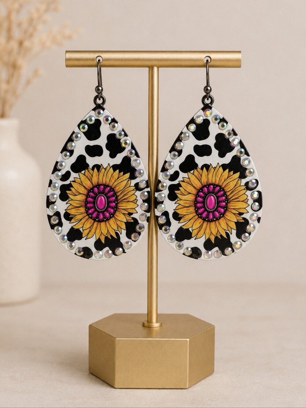 Sunflower Leopard Teardrop Earrings in Yellow & Pink - NWT